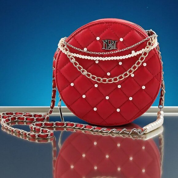Badgley Mischka ✦ Red Quilted Crossbody Bag ✦ Pearl Studded Vegan Leather NWT - Picture 1 of 8